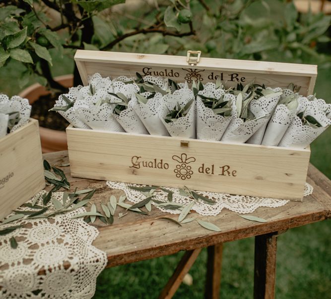 Wooden Box Filed with Confetti Cones of Olive Leaves