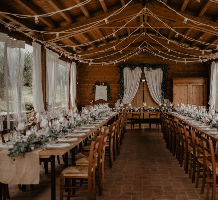 Tuscany Wedding Reception Decor with Floral Table Runner