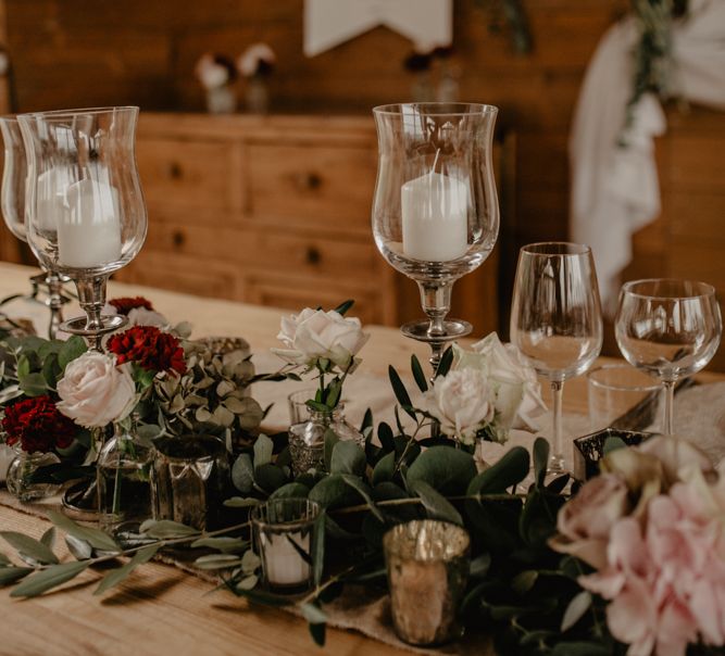 Floral Table Runner and Candles Wedding Decor