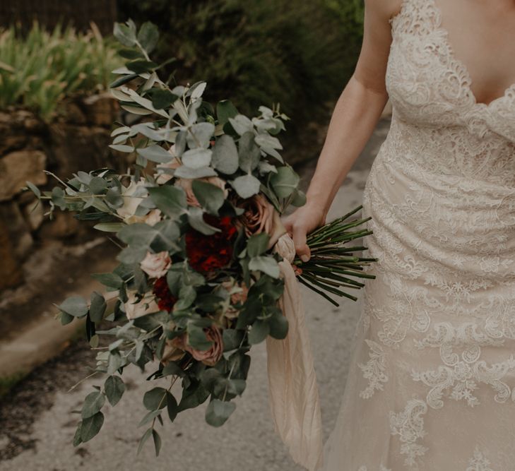 Lace Essense of Australia Wedding Dress and Eucalyptus Wedding Bouquet