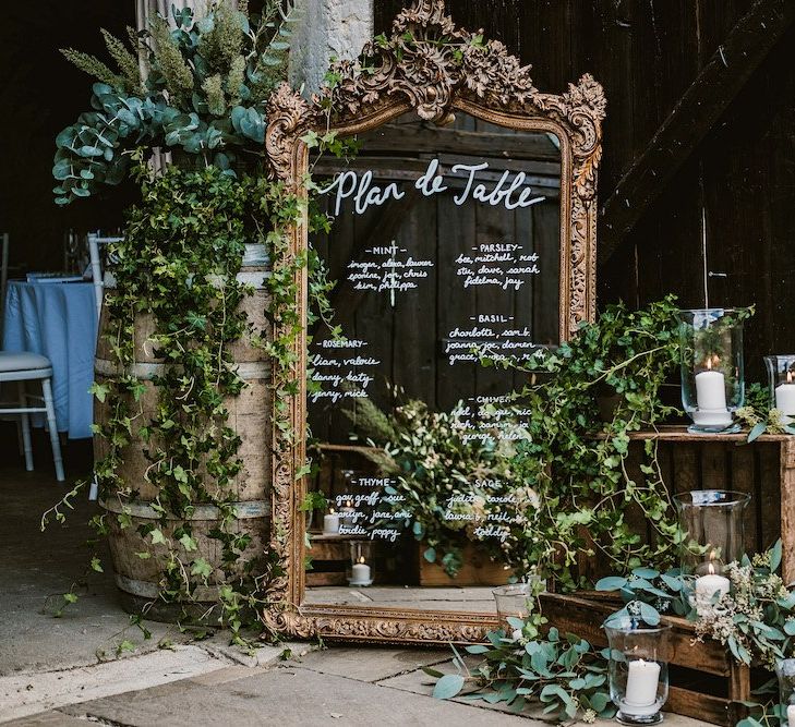 Mirrored wedding table plan at botanical themed celebration