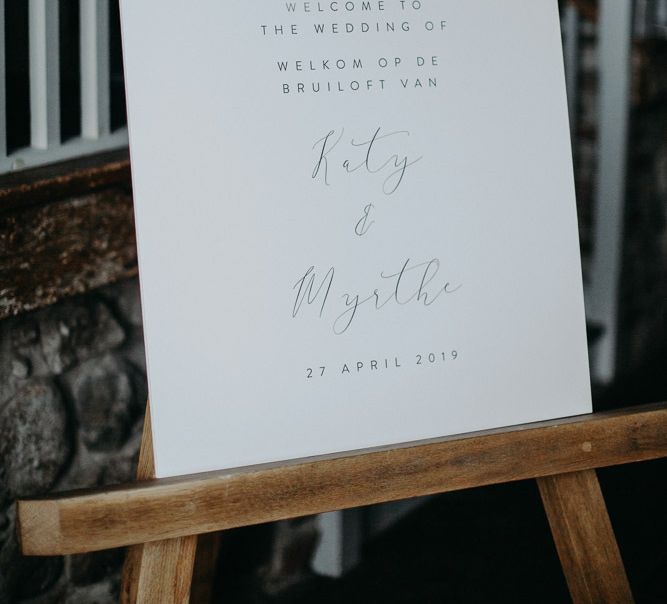 Wedding welcome sign on wooden easel