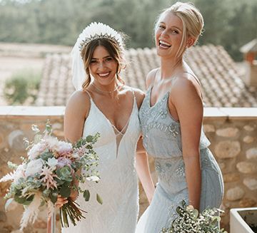 Dove Blue Bridesmaid Dresses With Bride In Feather Headdress