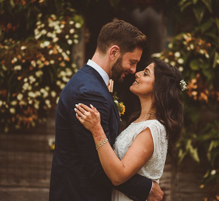 Bride in Gatsby Lady Gown | Groom in Navy Reiss Suit | Fusion Rustic Indian Country Wedding at The Green Cornwall | Matt Penberthy Photography