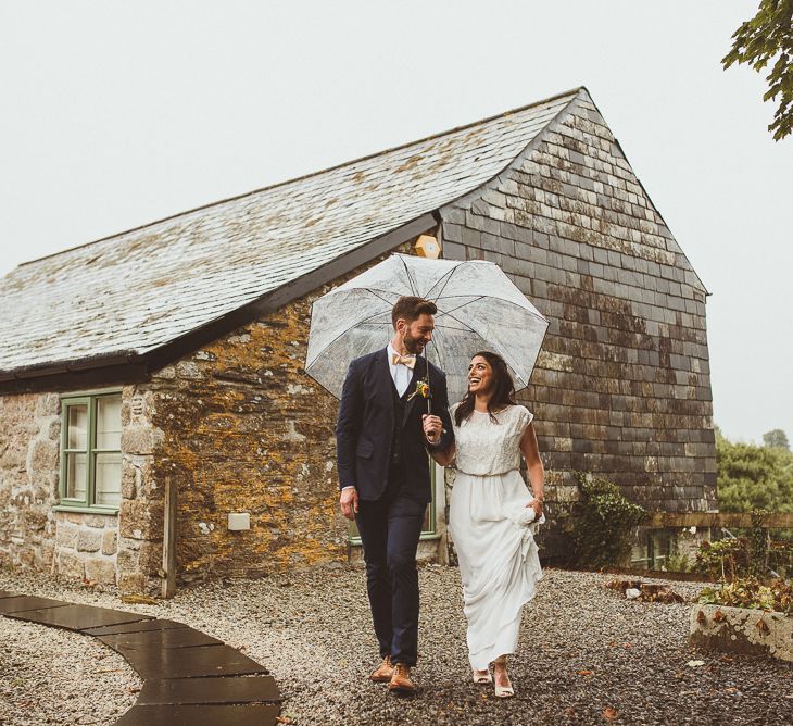 Bride in Gatsby Lady Gown | Groom in Navy Reiss Suit | Fusion Rustic Indian Country Wedding at The Green Cornwall | Matt Penberthy Photography