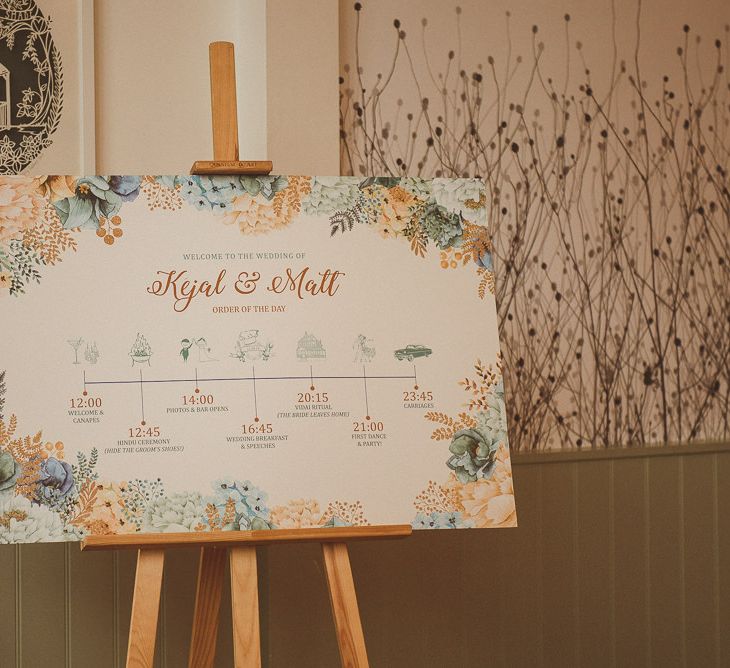 Order of The Day with Peach &amp; Blue Floral Illustration | Fusion Rustic Indian Country Wedding at The Green Cornwall | Matt Penberthy Photography