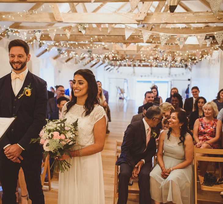 Wedding Ceremony | Bride in Gatsby Lady Gown | Groom in Navy Reiss Suit | Fusion Rustic Indian Country Wedding at The Green Cornwall | Matt Penberthy Photography