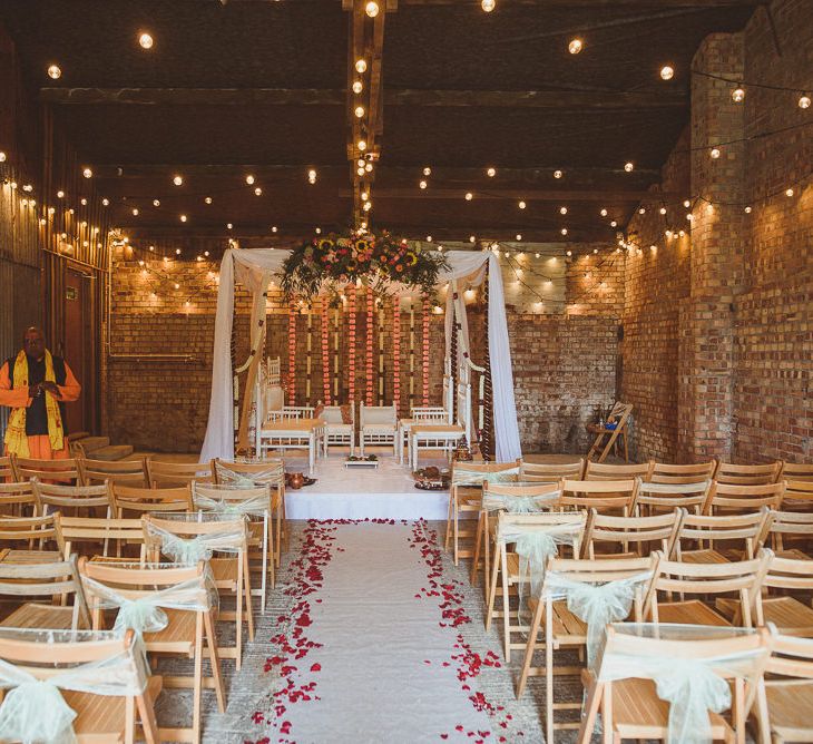 Mandap Indian Altar with Colour Floral Arrangement | Fusion Rustic Indian Country Wedding at The Green Cornwall | Matt Penberthy Photography