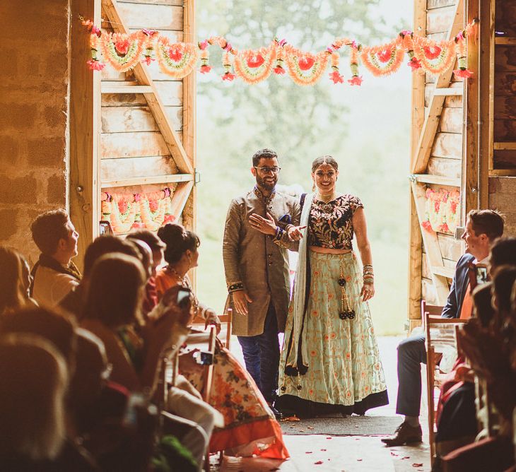 Wedding Ceremony Bridal Entrance in Traditional Indian Dress | Fusion Rustic Indian Country Wedding at The Green Cornwall | Matt Penberthy Photography