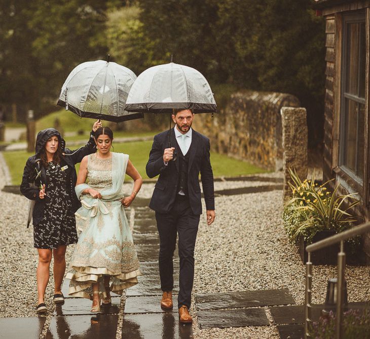 Bride &amp; Groom in Traditional Indian Wedding Attire | Fusion Rustic Indian Country Wedding at The Green Cornwall | Matt Penberthy Photography