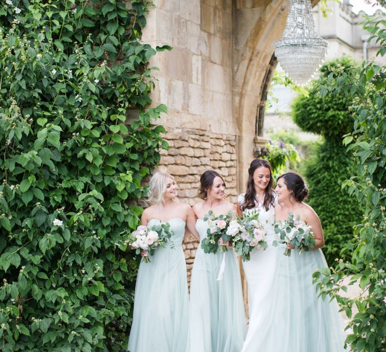 Bridal Party with Bridesmaids in Green Off The Shoulder  Dresses