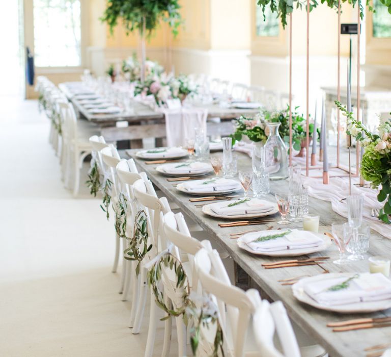 Wedding Table Decor with Greenery Hoops and Tall Floral Centrepieces