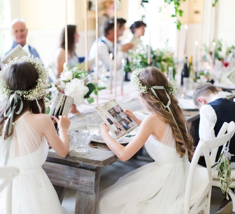 Young Bridesmaids in White Tulle Dresses and Gypsophila Flower Crowns