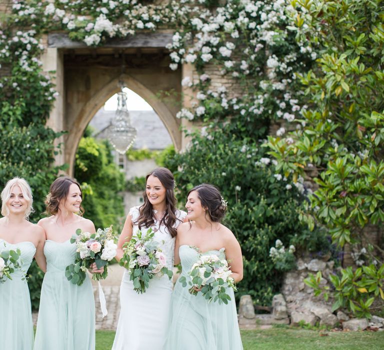 Bride and Bridesmaids in Pale Green Sweetheart Neckline Dress