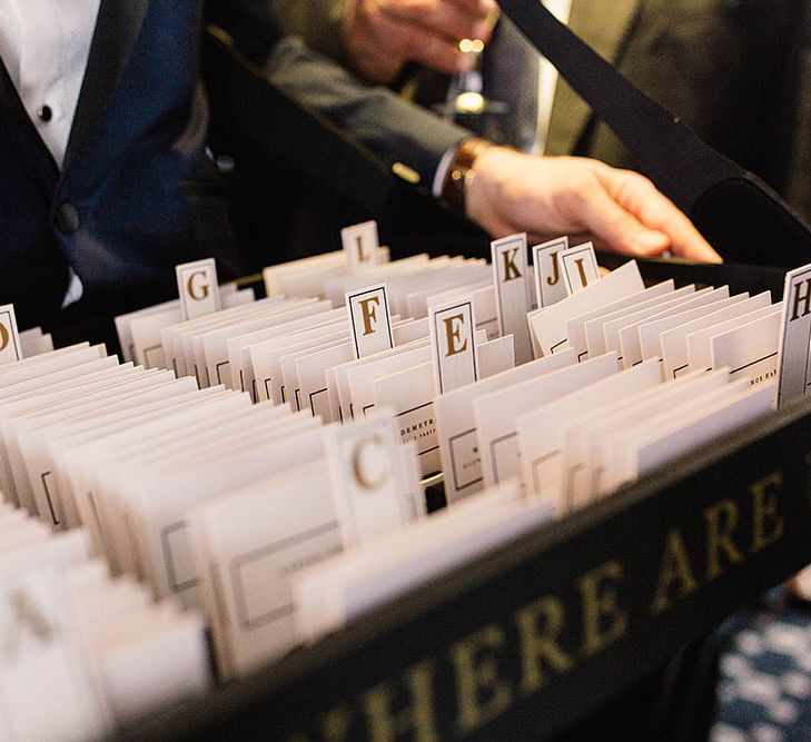 Library Filing Card Table Plan // London Wedding Venue For 300 People Trinity Buoy Wharf With Bride In Suzanne Neville And Images From Paul Joseph Photography Film This Modern Revelry