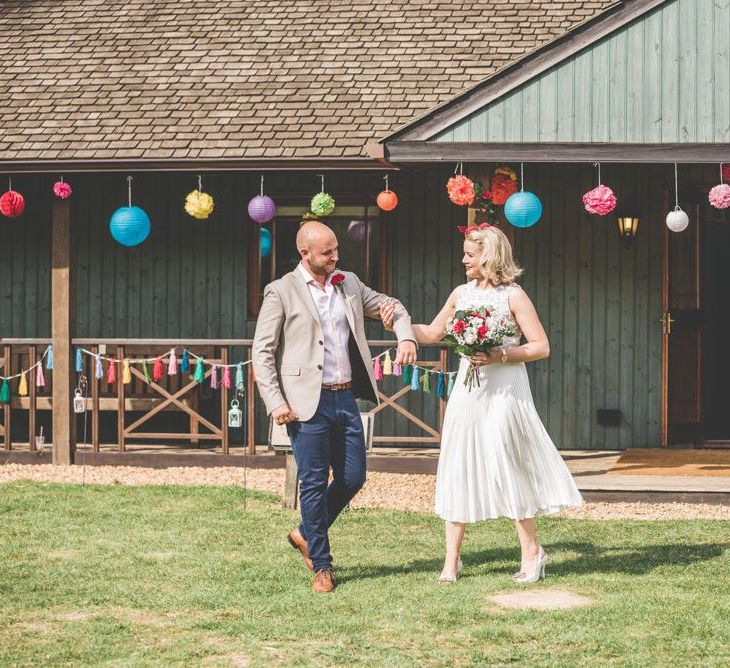 Bright paper lantern decoration and bride wearing midi wedding skirt