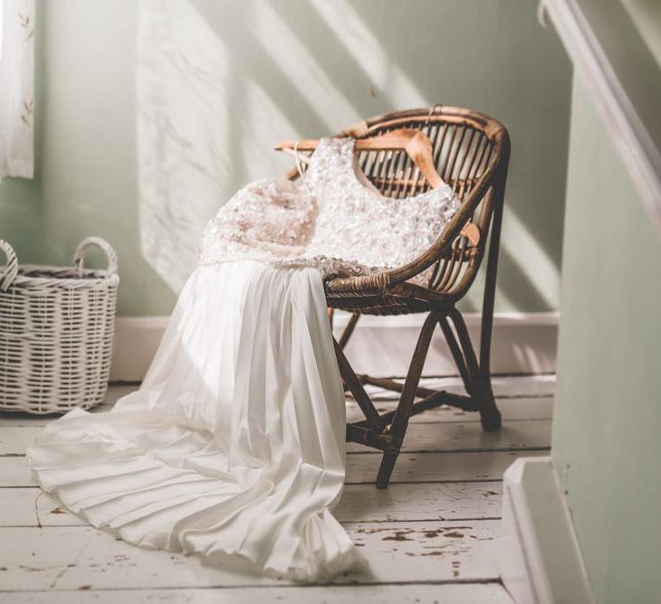 Beautiful two piece gown with pleated midi wedding skirt and embellished top