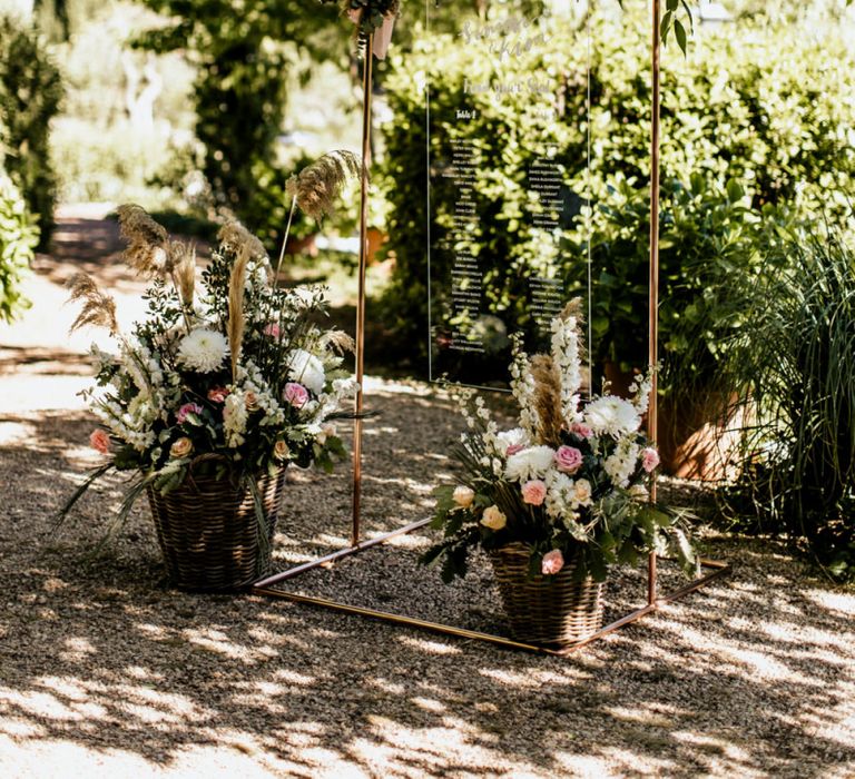 Acrylic Table Plan on Copper Frame with Flower Basket Arrangements