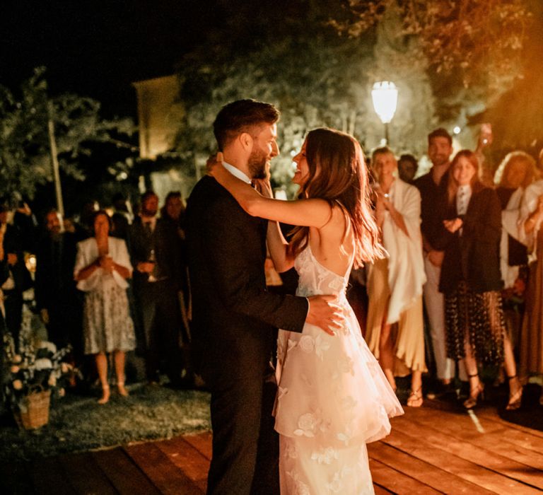 First Dance with Bride in Tiered Lace Emma Beaumont Wedding Dress and Denim Jacket and Groom in Givenchy Tuxedo