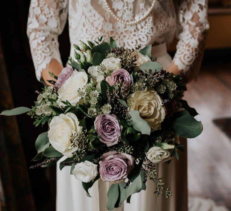 Traditional Cream and Purple Rose Wedding Bouquet