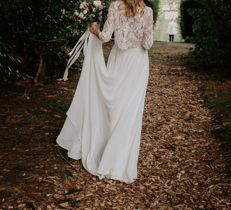 Bride in Wendy Makin Bridal Separates and Half Up Half Down Hairstyle