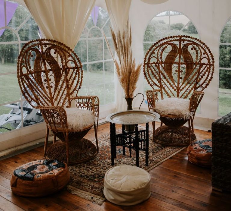 Chill Out Area with Wicker Peacock Chairs, Pampas Grass and Wool Rugs