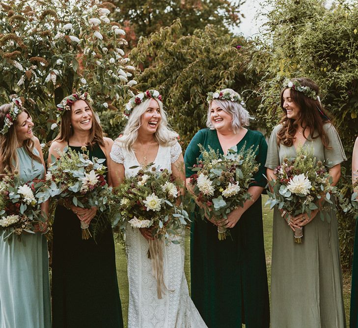 Bridal Party with Bridesmaids in Mismatched Green Dresses