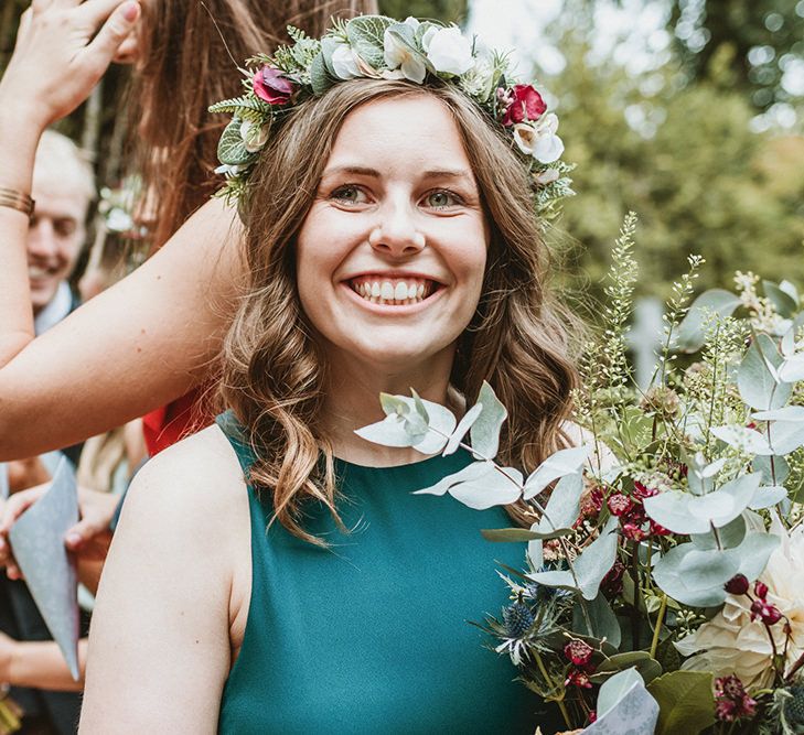 Bridesmaid in Green Dress and Flower Crown