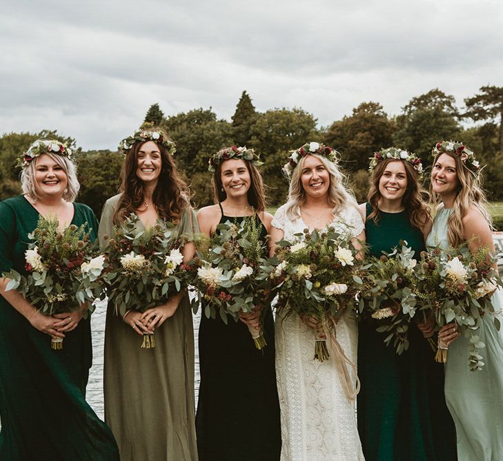 Bride and Bridesmaids with Wild Bouquets and Flower Crowns