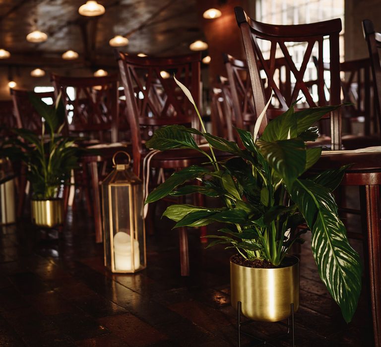 Gold Potted Plants and Hurricane Lamps Aisle Wedding Decor