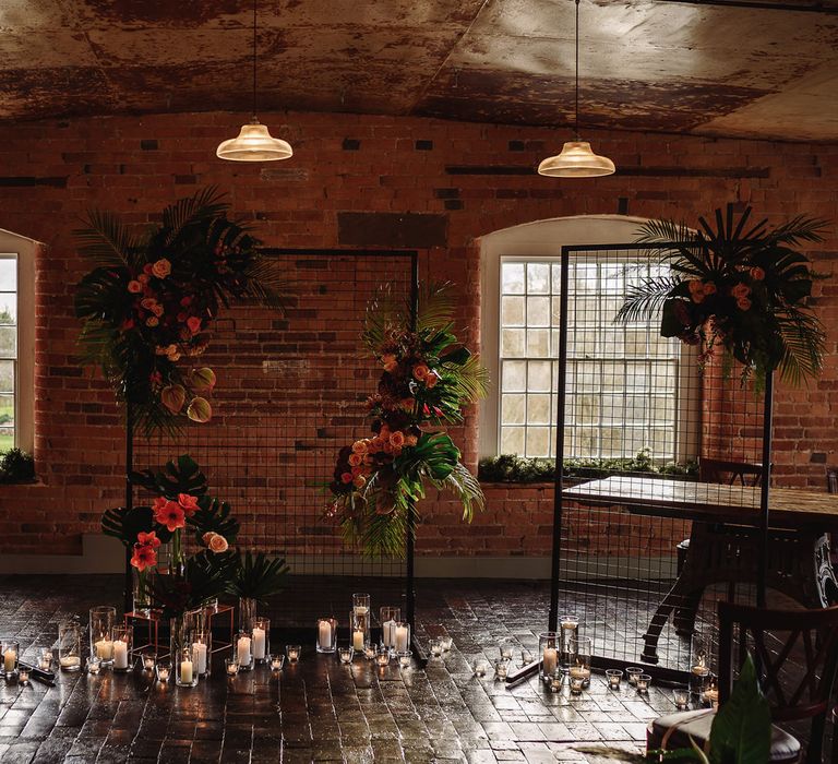 Altar Wedding Decor with Candles, Tropical Plants and Wire Screens