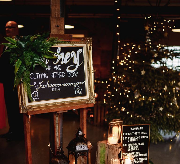 Gold Framed Wedding Sign with Wooden Crates and Candles Decor