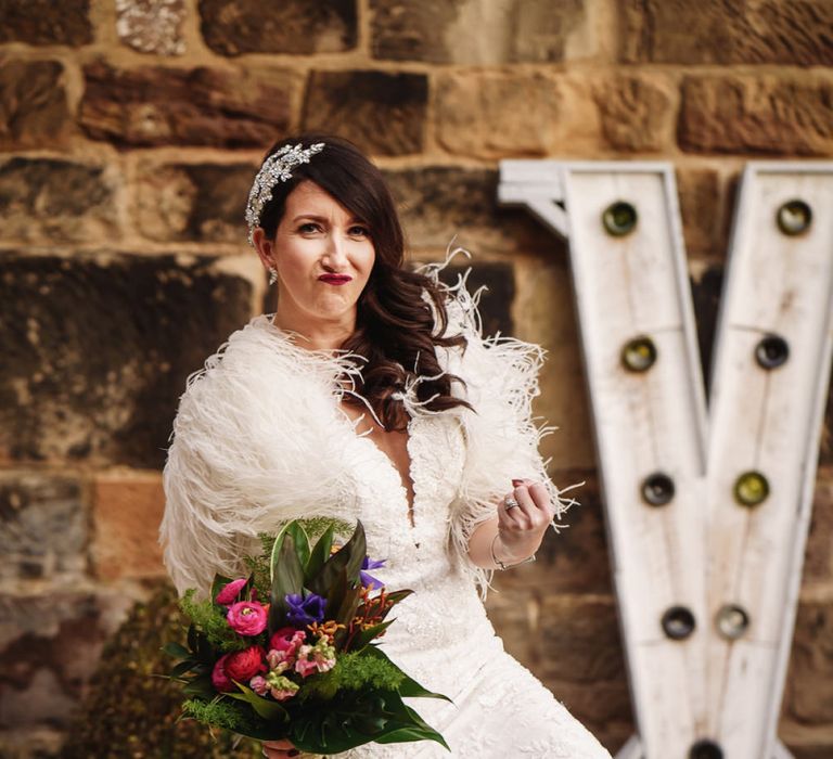 Bride in Martina Liana Wedding Dress &amp; Ostrich Feather Cover-up