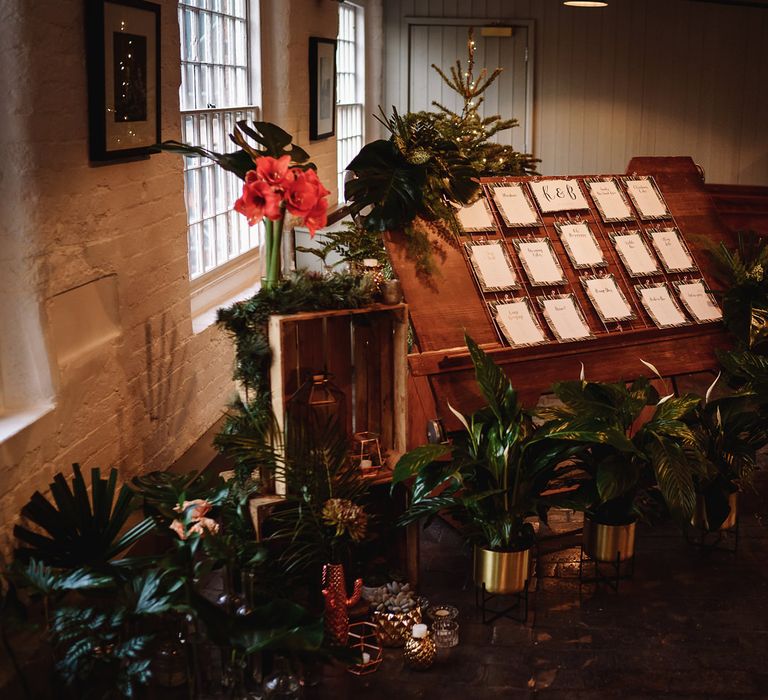 Table Plan with Potted Tropical Plants Wedding Decor