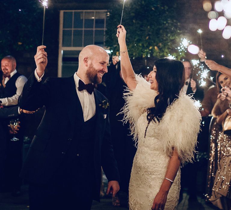 Sparkler Exit with Bride in Martina Liana Wedding Dress &amp; Ostrich Feather Cover-up and Groom in Tom Ford Suit