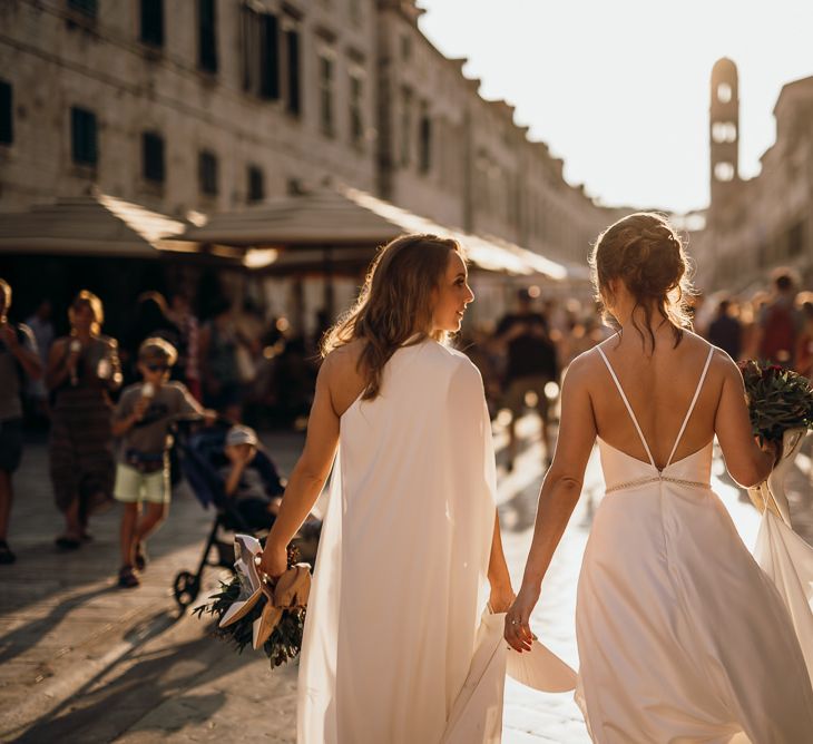 Thin strap high low wedding dress and bridal cape dress