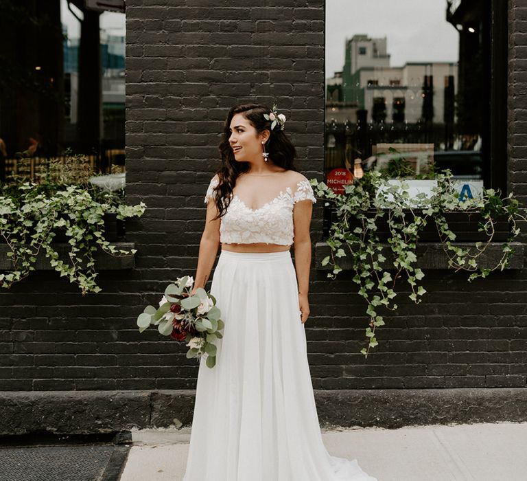 Bridal separates with lace top and king protea wedding bouquet for Brooklyn elopement