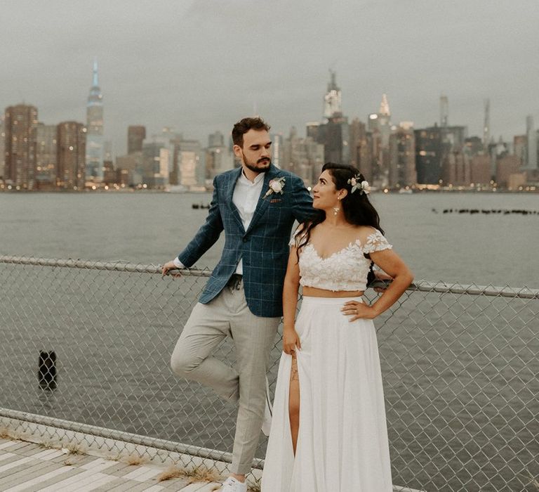 Bride wearing bridal separates and groom in a blue blazer for Brooklyn elopement