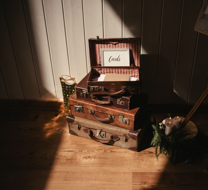 Vintage Suitcases For Wedding Cards // Laid Back Cornish Wedding Planned From Australia At Launcells Barton Bude Bride In Made With Love 'Stevie' Gown Images By McGivern Photography