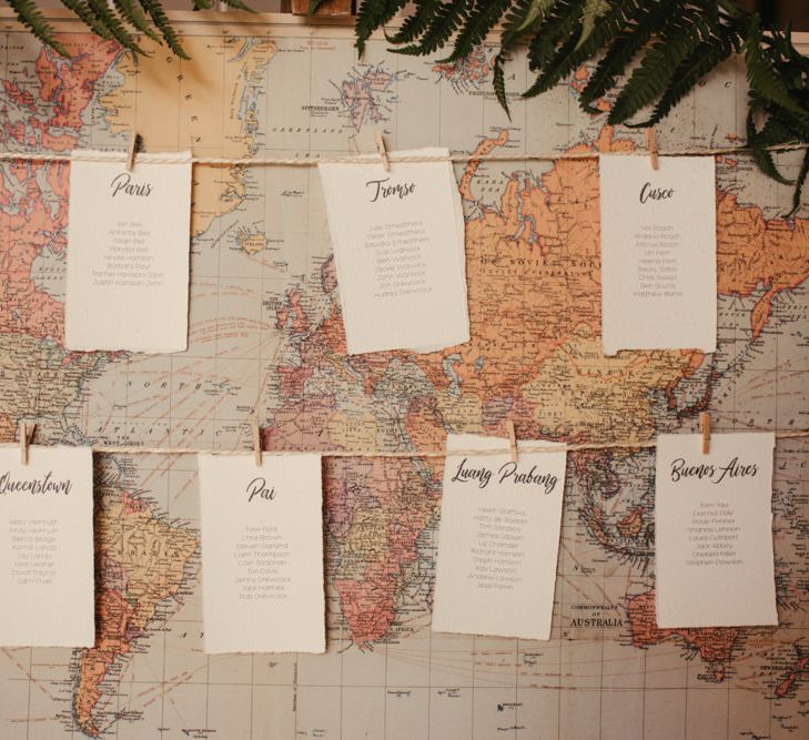 World Map Table Plan For Wedding // Laid Back Cornish Wedding Planned From Australia At Launcells Barton Bude Bride In Made With Love 'Stevie' Gown Images By McGivern Photography