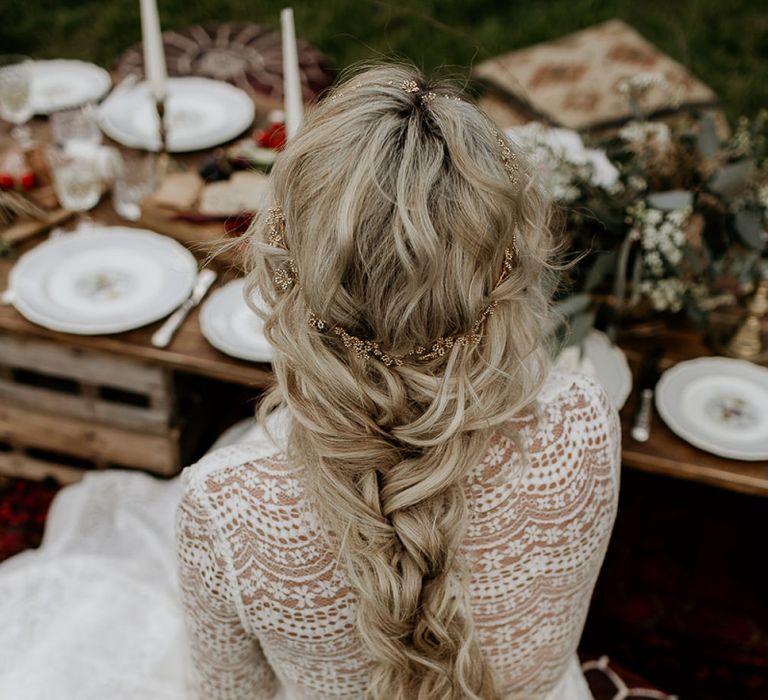 Bride in Lace Back Wedding Dress with Loose Bridal Braid