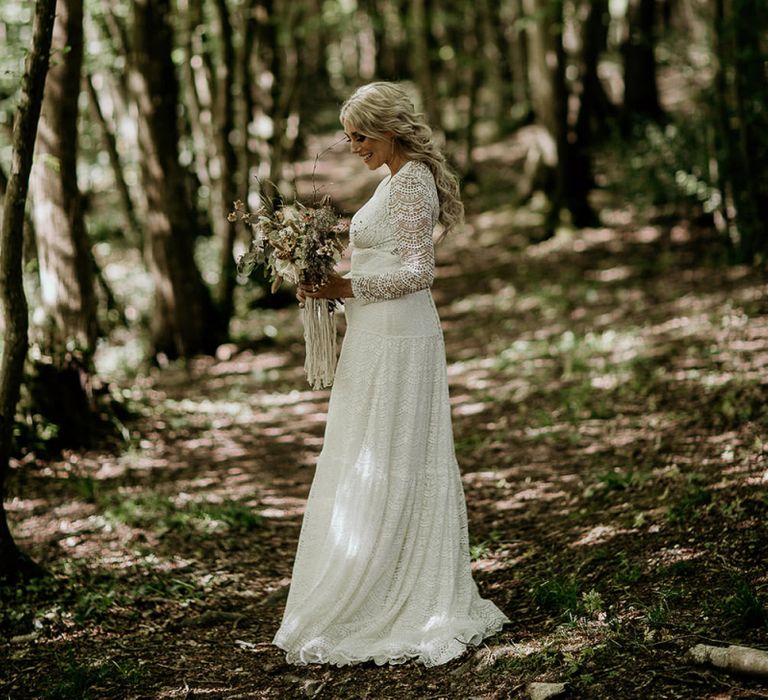 Boho Bride in Lace Wedding Dress with Long Sleeve and Bridal Braid