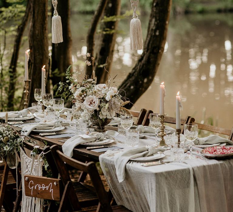 Woodland Tablescape with Hanging Pom Poms