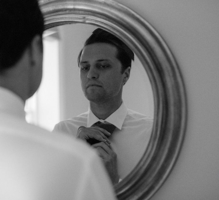 Wedding Morning Preparations | Groom in Marks &amp; Spencer Suit with Olive Tie | Beaded Needle &amp; Thread Dress for Intimate Islington Wedding | Olivia &amp; Dan Photography