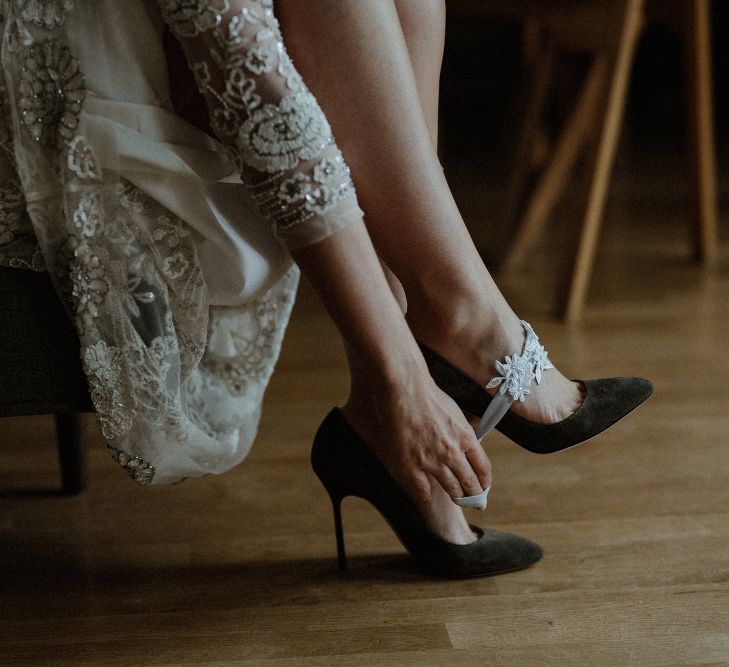 Wedding Morning Preparations | Beaded Needle &amp; Thread Wedding Dress with Long Sleeves | Olive Green Sergio Rossi Shoes | Tania Maris Bridal Garter | Beaded Needle &amp; Thread Dress for Intimate Islington Wedding | Olivia &amp; Dan Photography