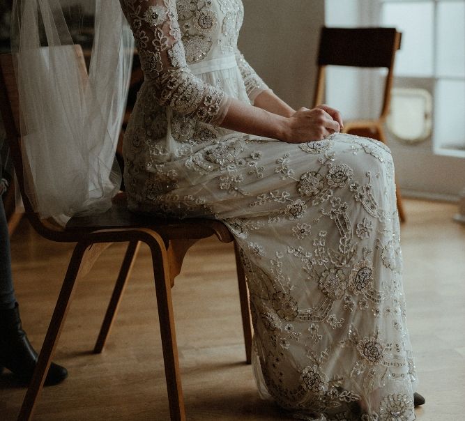 Wedding Morning Preparations | Beaded Needle &amp; Thread Wedding Dress with Long Sleeves | Britten Veil | Beaded Needle &amp; Thread Dress for Intimate Islington Wedding | Olivia &amp; Dan Photography