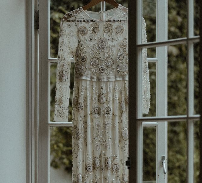 Beaded Needle &amp; Thread Wedding Dress with Long Sleeves | Beaded Needle &amp; Thread Dress for Intimate Islington Wedding | Olivia &amp; Dan Photography