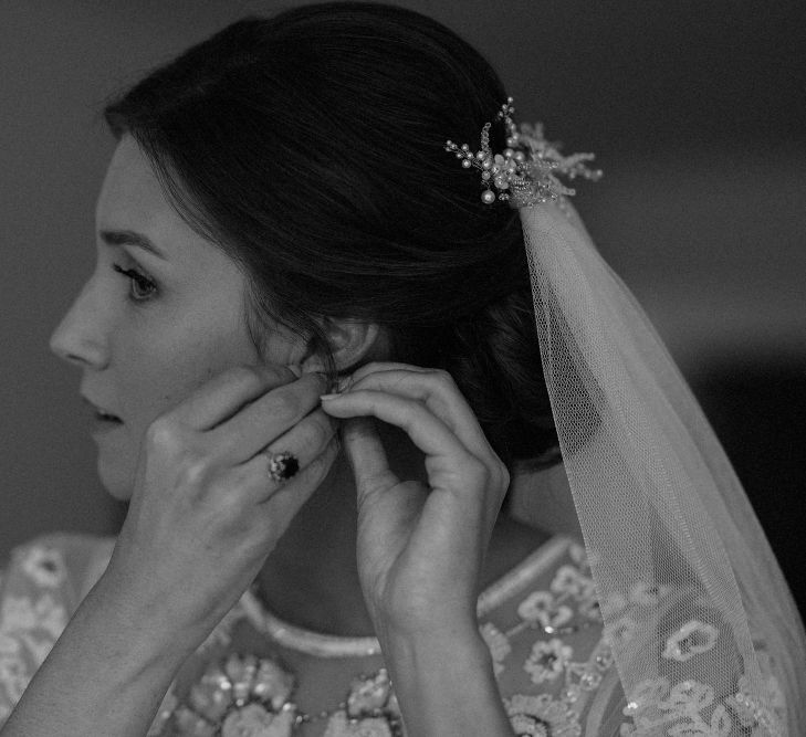 Wedding Morning Preparations | Beaded Needle &amp; Thread Wedding Dress with Long Sleeves | Britten Veil | Tania Maris Hairpiece | Beaded Needle &amp; Thread Dress for Intimate Islington Wedding | Olivia &amp; Dan Photography