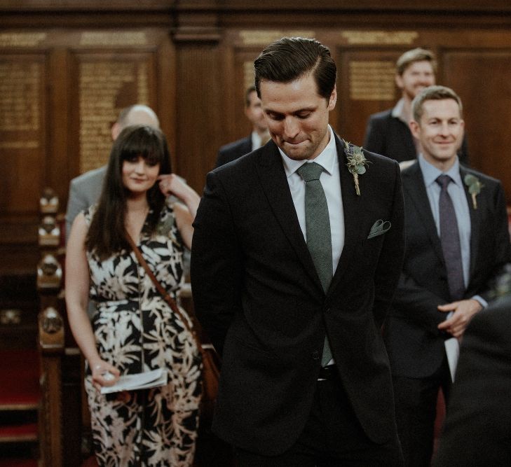 Wedding Ceremony | Groom in Marks &amp; Spencer Suit with Olive Tie | Islington Town Hall | Beaded Needle &amp; Thread Dress for Intimate Islington Wedding | Olivia &amp; Dan Photography