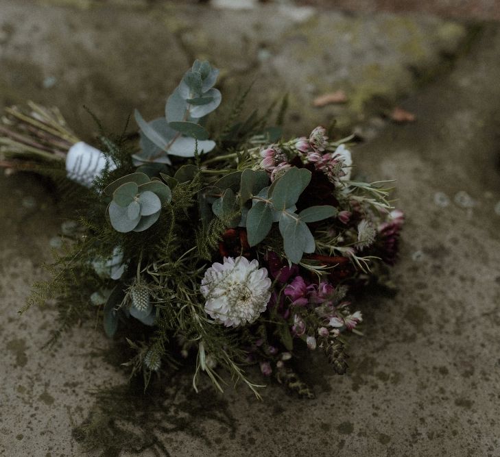 Maroon and White Bridal Bouquet with Green Foliage | Beaded Needle &amp; Thread Dress for Intimate Islington Wedding | Olivia &amp; Dan Photography